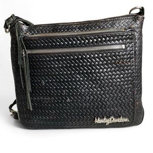 Harley Davidson Basket Weave Leather Crossbody Bag Purse Black USA Made Womens